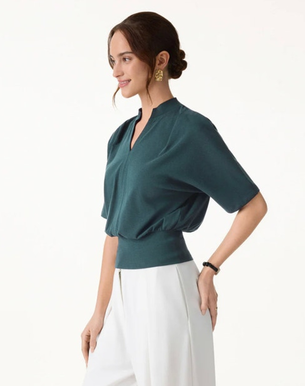 OGL Top Size S NEW Stand Collar V-Neck Short Sleeve Top Green Deep Water